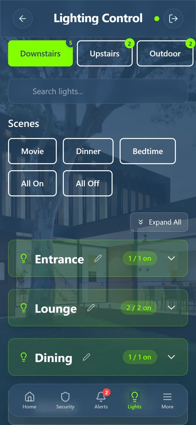 The Comfort app showing lighting grouped by room, with Movie, Dinner and Bedtime scenes